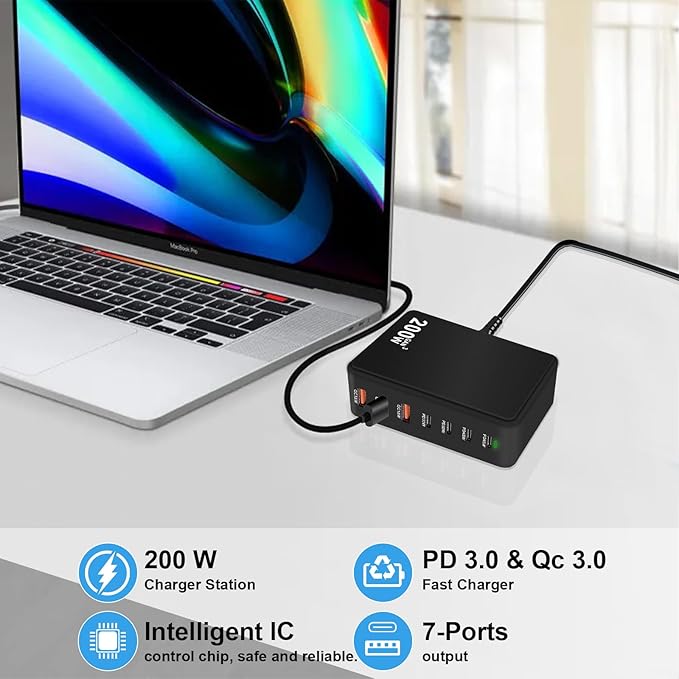 USB C Charger Block 200W 7 Port GaN Fast Charging Block Station, iPhone 17/16/15 - Image 3