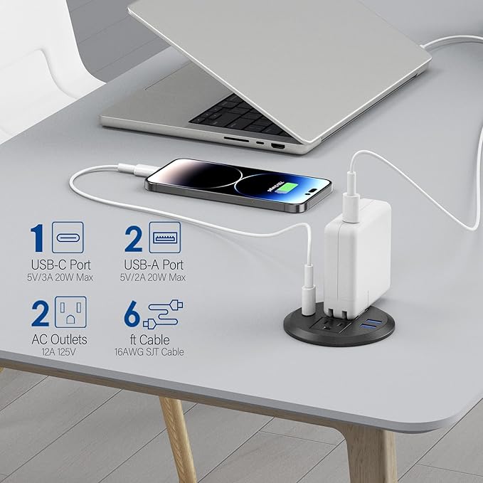 3 inch Desktop Power Grommet USB C, 20W Fast Charging Station, Furniture - Image 2