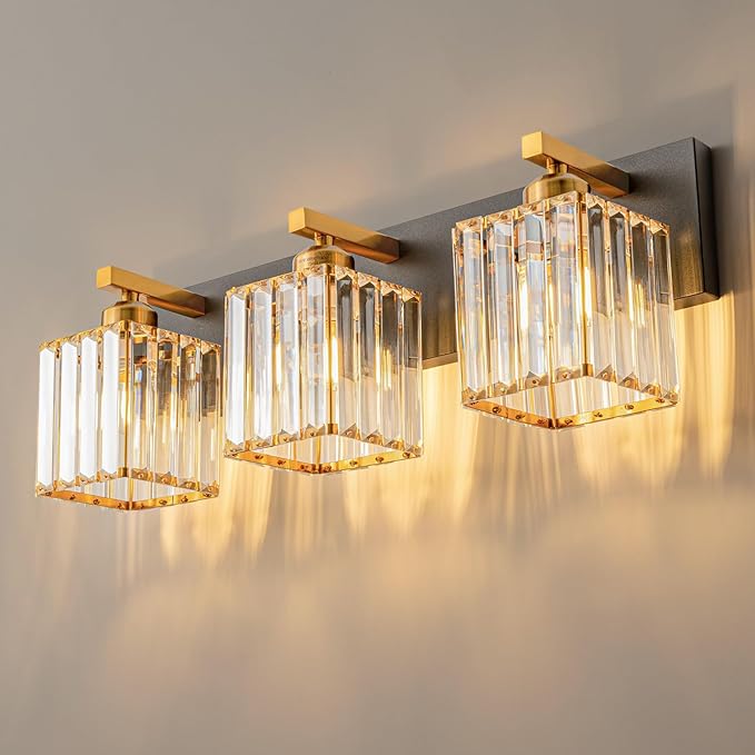 FDPBY Modern Bathroom Vanity Light 3-Lights Black Gold Crystal Bathroom Wall by FDPBY