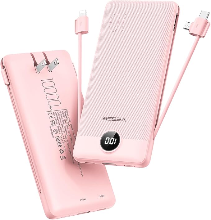 VEGER Portable Charger with Built-in AC Plug and Cables, All in One 10000mAh by VEGER