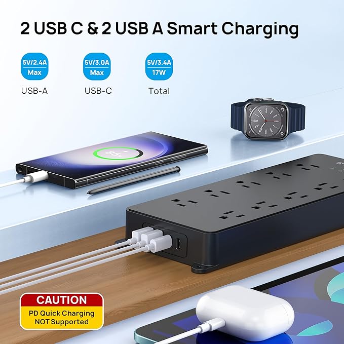 TROND Power Strip Surge Protector, Flat Plug 15ft Long Extension Cord, 10 - Image 3