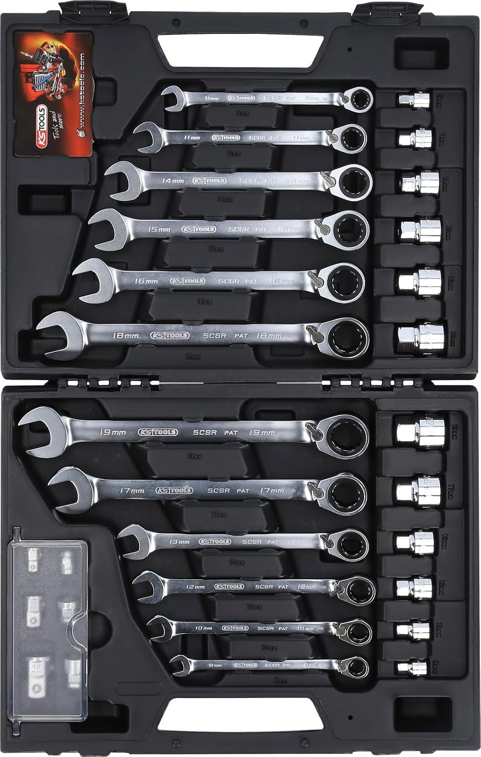 KS Tools 503.4960 GEARplus Ringstop reversing combination ratcheting spanner set, 30 pcs, with adaptors
