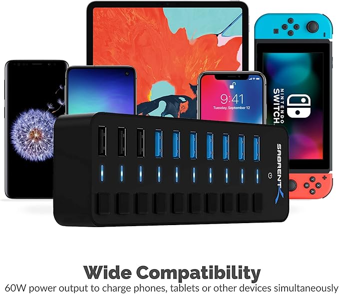 SABRENT 10-Port USB 3.0 Hub, Individual Power Switches and LEDs, 3 Smart - Image 2