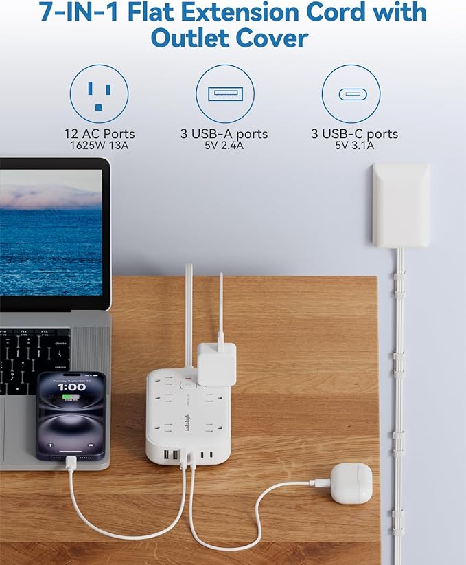 25FT Extension Cord with Outlet Cover & Multi USB, Ultra Thin Outlet Concealer - Image 6