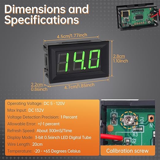 DiGiYes 5 Pack DC 5-120V Digital Mini Voltmeter 2 Wire 0.56 inch LED Display - Image 2