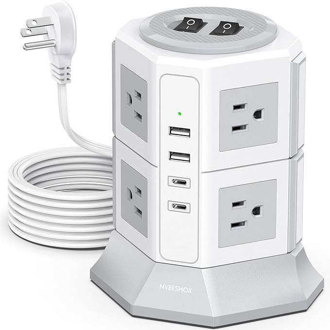 Tower Surge Protector Power Strip Flat Plugs by NVEESHOX