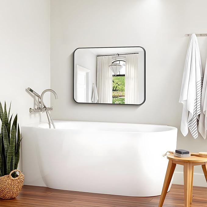 Bathroom Mirror, 30 x 24 inch Metal Framed Black Rectangle Mirror, Rounded - Image 5