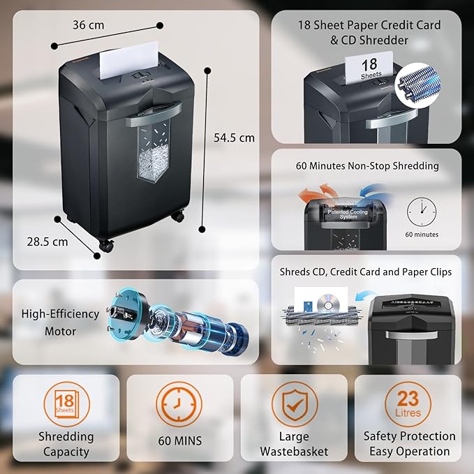 Bonsaii Heavy Duty 18-Sheet Office Shredder – 60-min Continuous Run, Cross-Cut - Image 2