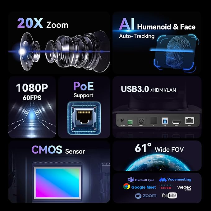 Tenveo HDMI/USB3.0/LAN PTZ Camera AI Humanoid & Face Auto-Tracking, 20X Optical - Image 2