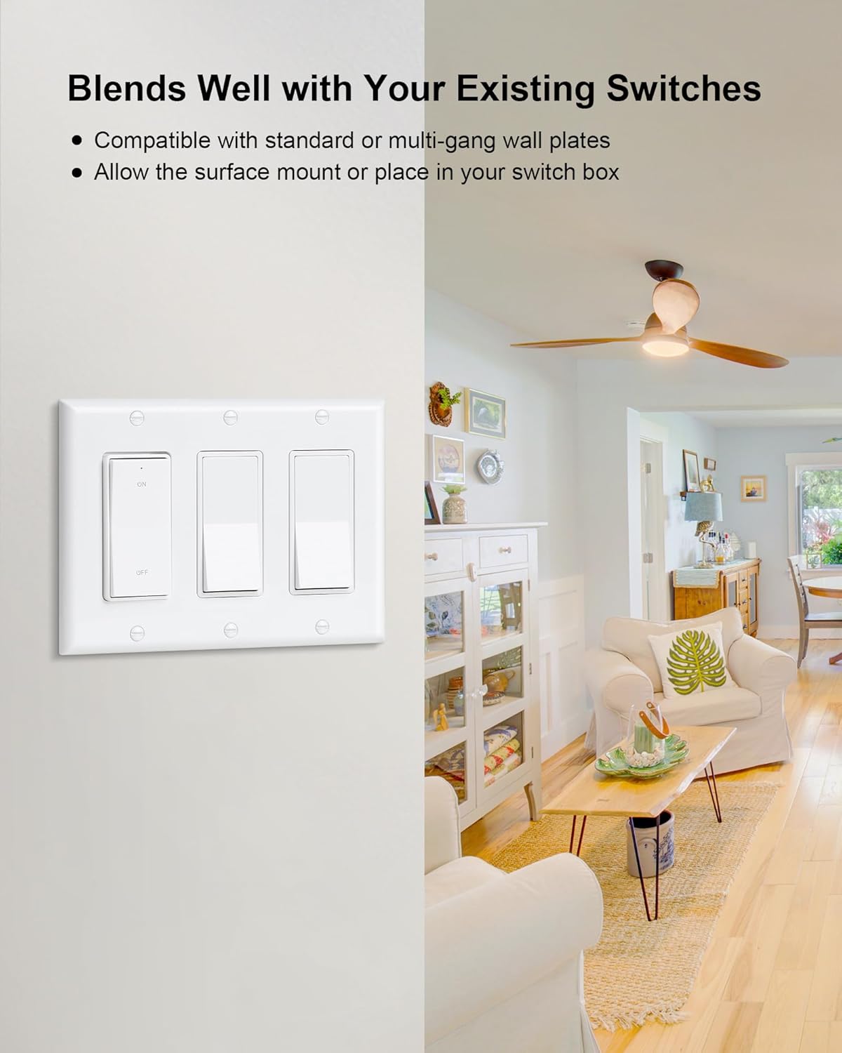 Wireless Light Switch and Receiver Kit, Decorator Rocker Switch | 200FT Long Range, 10A/1200W, No Rewiring, Wireless Wall Switch for Ceiling Light, Fans, Lamps, Programmable & Expandable