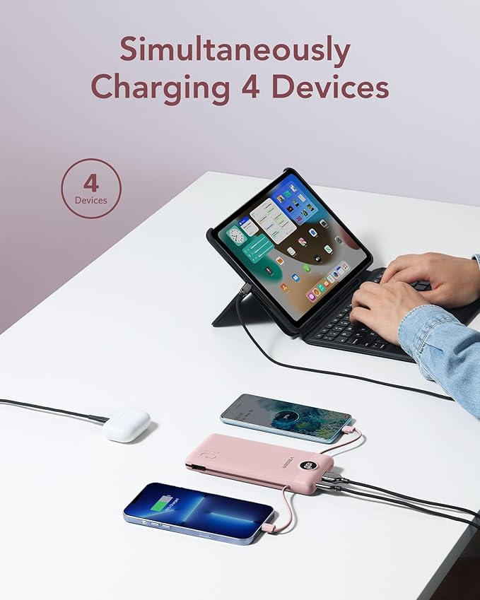 VEGER Portable Charger with Built-in AC Plug and Cables, All in One 10000mAh - Image 4