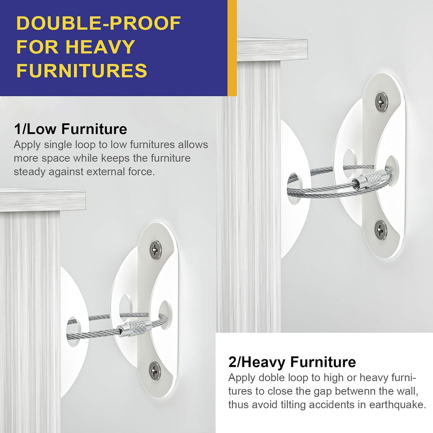 4our Kiddies Furniture Anchors (10 Pack), Furniture Straps for Baby Proofing, Secure 400 Pound Furniture to Wall Prevent Falling, Anti Tip Earthquake Straps for Child Safety (White)