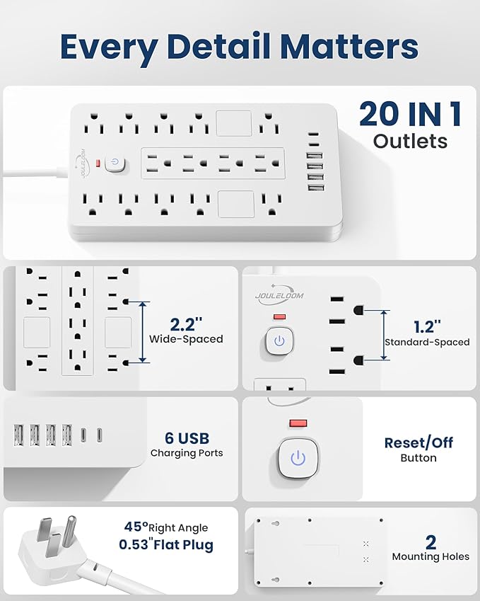 JouleLoom Surge Protector Power Strip-14 Outlets and 6 USB Ports, 6 Feet Flat - Image 7