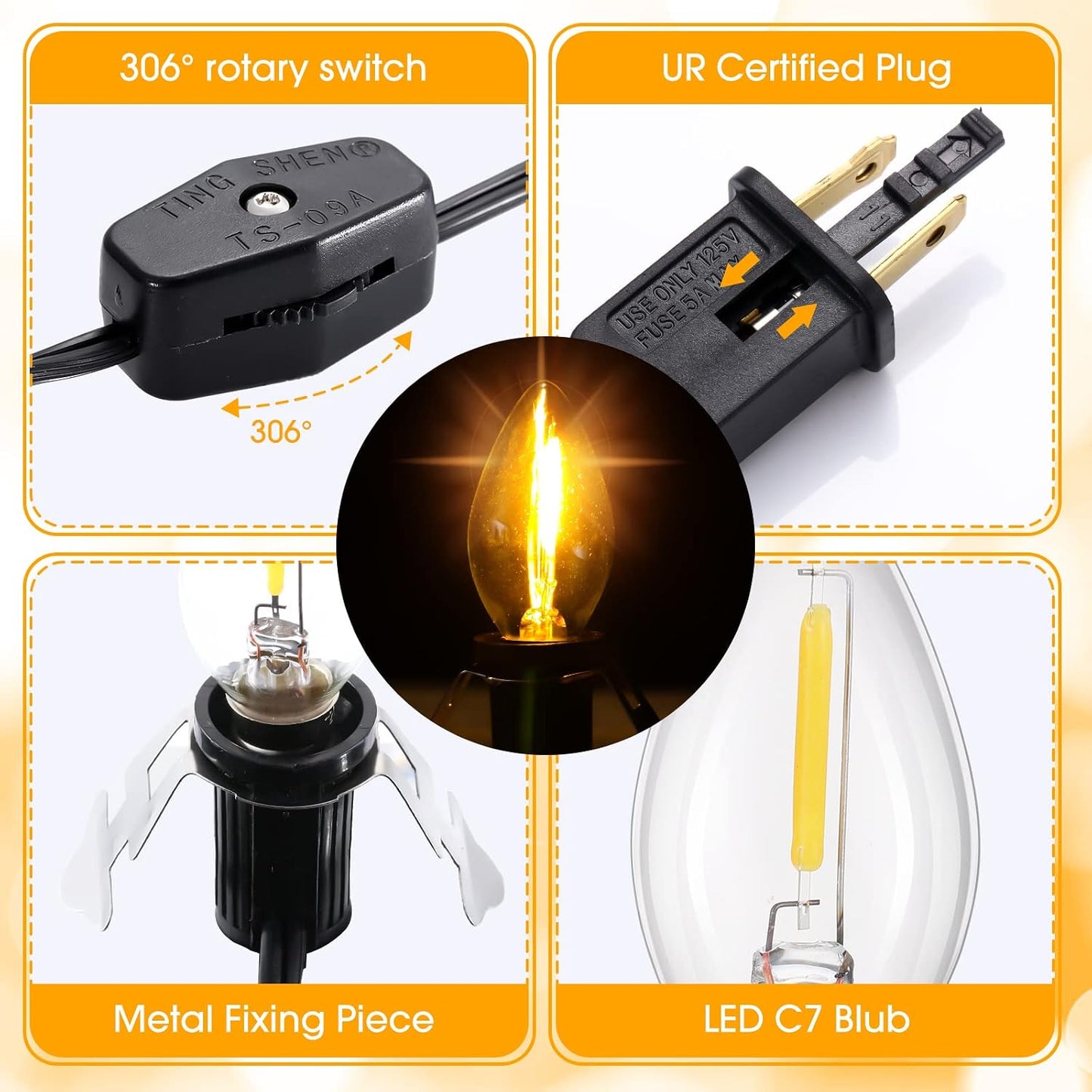 Coume 24 Packs Accessory Cord with LED Light Bulb, 6 Ft Warm Light Accessory Cord Kit (Black)