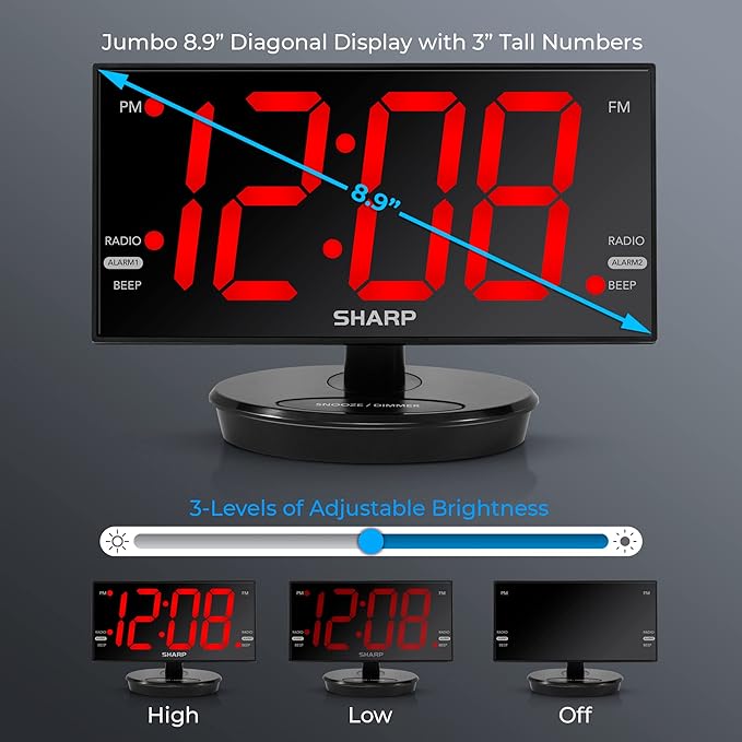 Sharp Digital Alarm Clock, 8.9" Extra Large LED Clock - Image 5