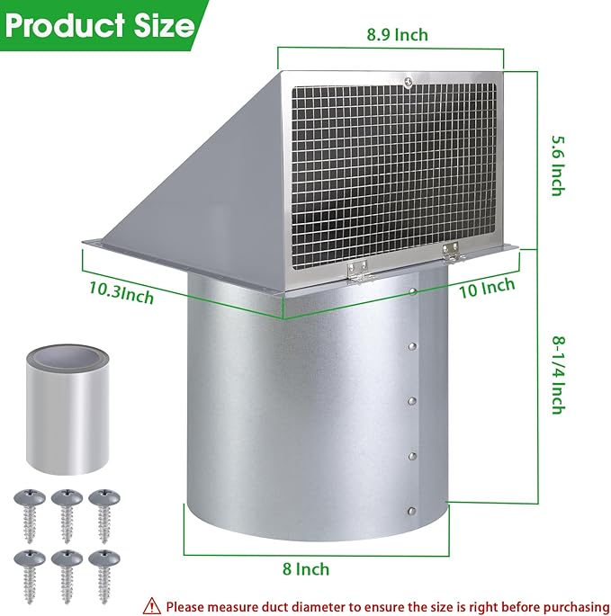 8 inch Hooded Wall Vent with Screen and Damper, Wall Vent Cover Exhaust Vent - Image 2