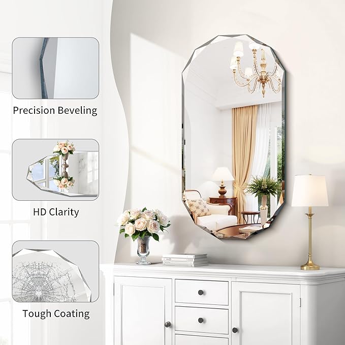 GLASHOM Beveled Edge Frameless Bathroom Mirror, Oval Wall Mirror - Image 2