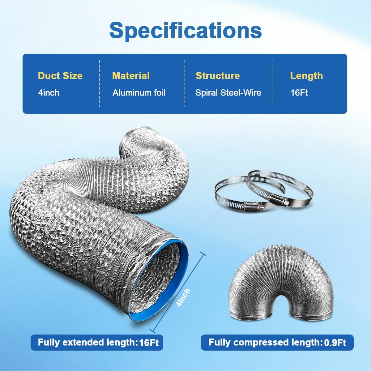 Dryer Vent Hose 4 inch 16 feet - Flexible Insulated Air Ducting Vent Hose for Tight Space Aluminum Foil Dryer Exhaust Hose with 2 Clamps for HVAC System