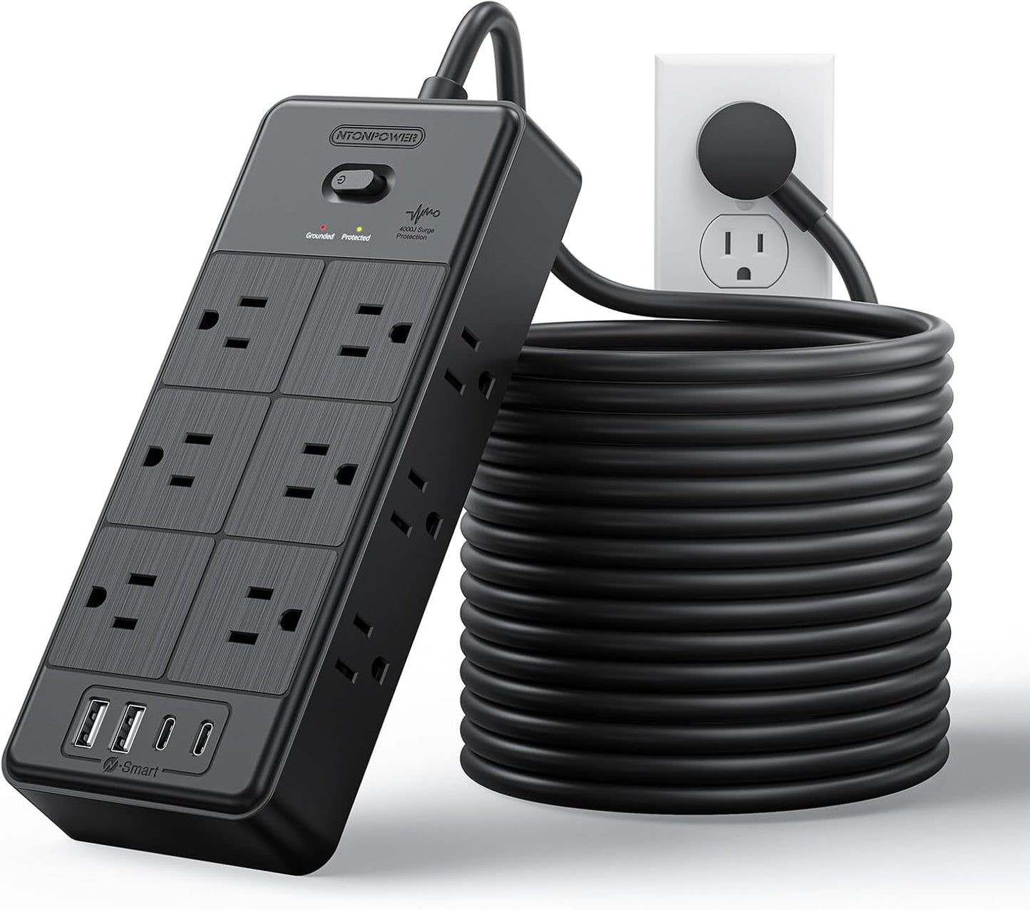 NTONPOWER Long Cord Power Strip, 25 FT Extension Cord with 12 Outlets & 4 USB Ports (2 USB C), 3 Side Multiple Outlet Extender, Wall Mounted for Home Office