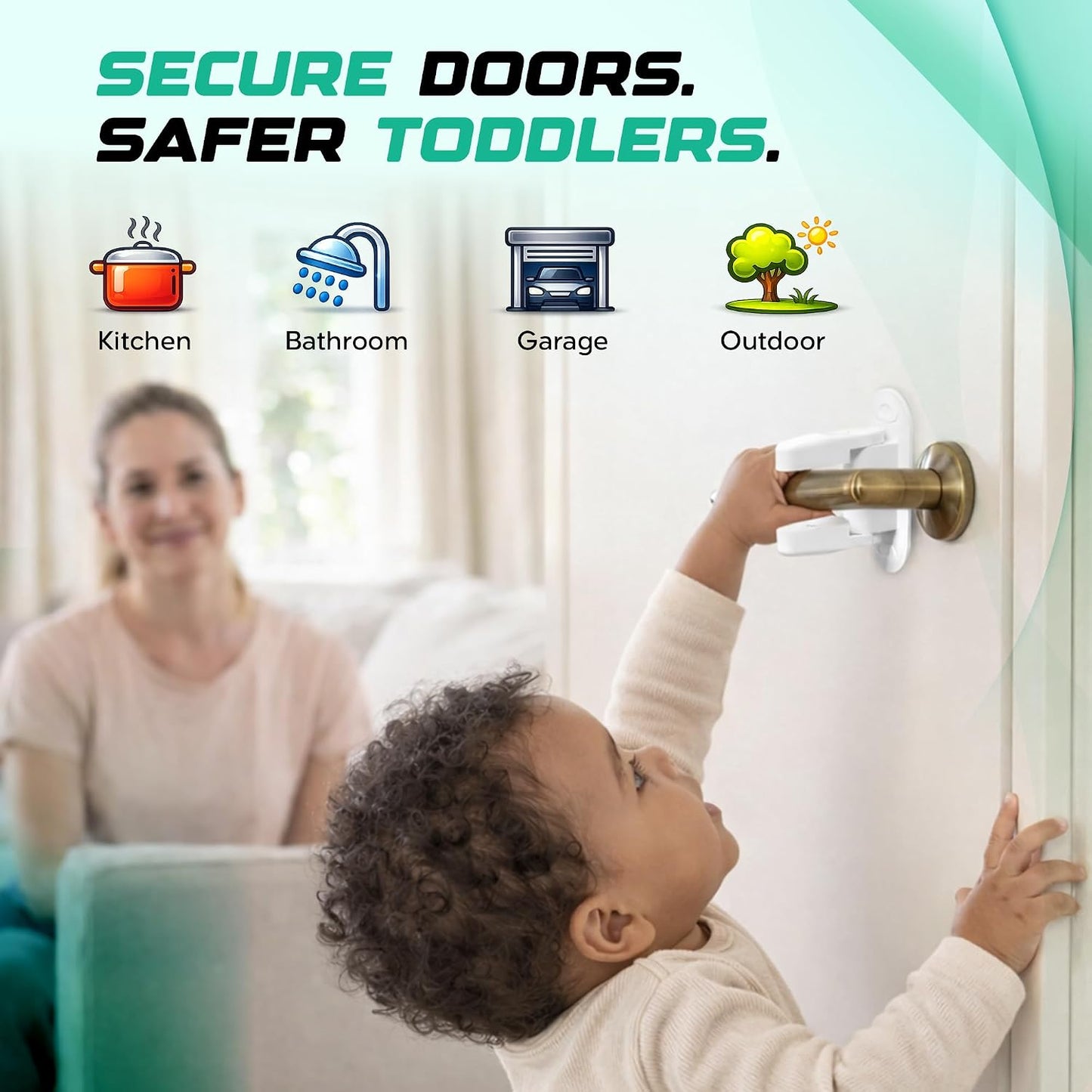 THREADFLOW® Door Lever Lock Child Proof PACK Of 4 – No Drilling Door Handle Baby Proof Locks - Lever Doors Handle Child Locks ABS Material With Strong 3M Adhesive