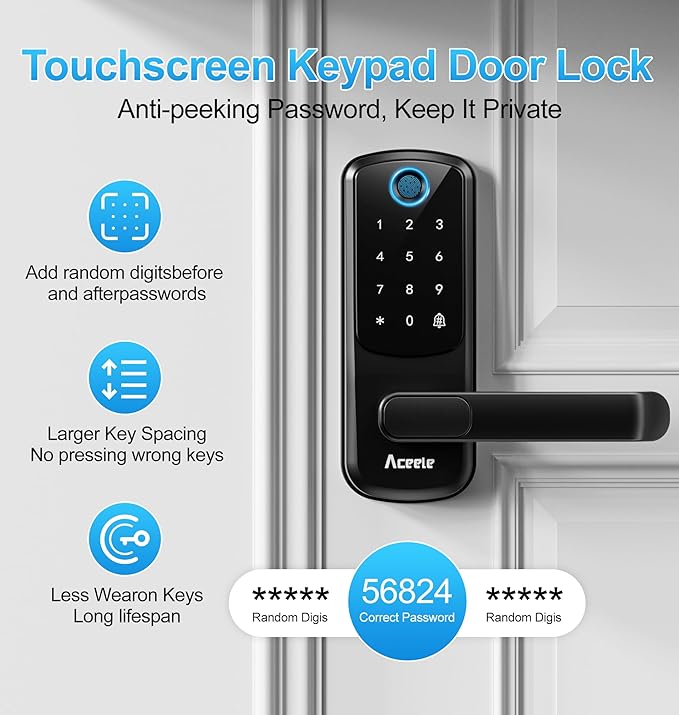 Aceele Keyless Entry Fingerprint Smart Door Lock, Built-in Wi-Fi, Electronic - Image 5