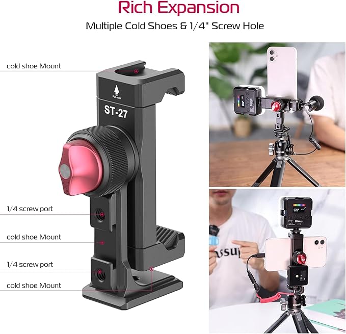 Metal Phone Tripod Mount 3 Cold Shoes & Arca Port, 360° Smartphone Tripod - Image 3