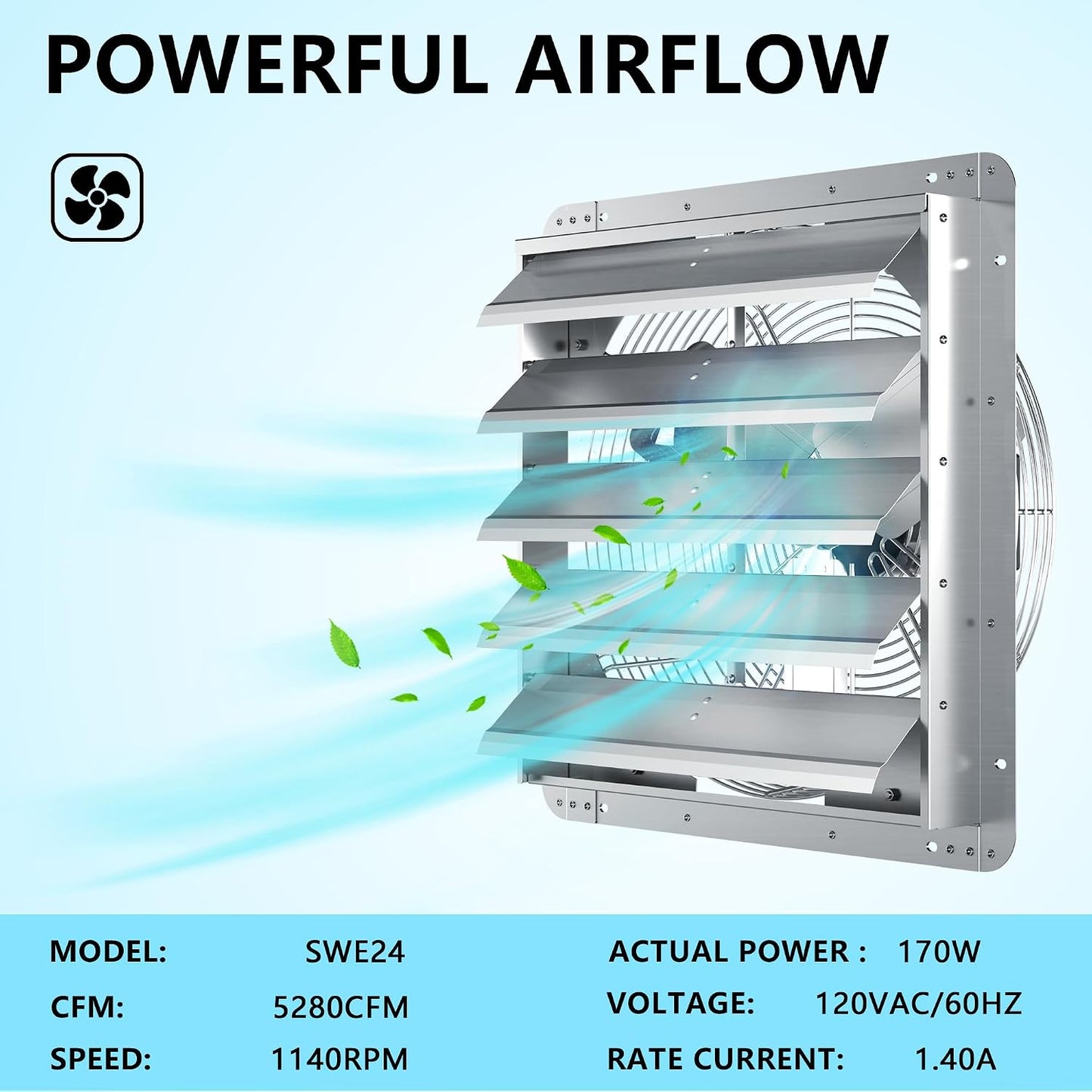 24 Inch Shutter Exhaust Fan, Aluminum Wall Mounted Exhaust Fan, 5280 CFM High Speed Automatic Shutter Attic Fan, Vent Fan For Greenhouse,Shed,Shop,Garage,ETL Listed
