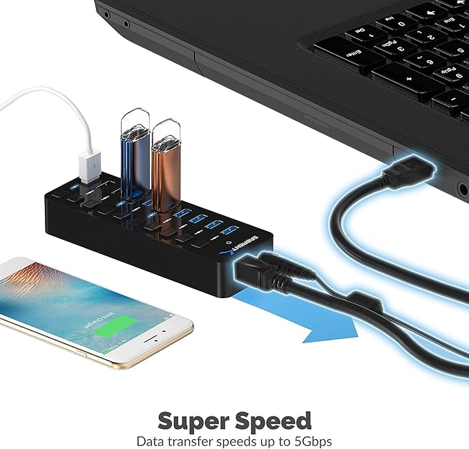 SABRENT 10-Port USB 3.0 Hub, Individual Power Switches and LEDs, 3 Smart - Image 5