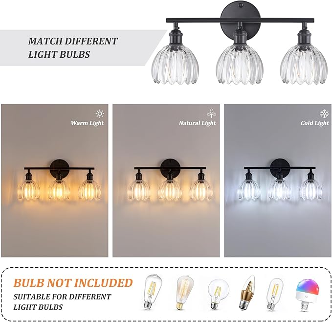Shenmoyl Bathroom Light Fixtures, 3-Light Black Vanity Wall Light Over Mirror - Image 4
