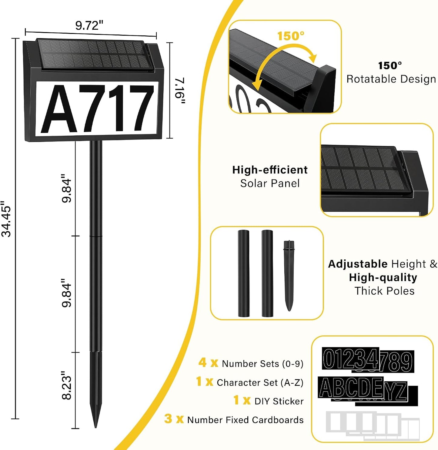 Solar Address Sign, 3 Modes House Number Sign with Adjustable Panel | LED Lighted Address Numbers, Wall Mounted & In Ground, Waterproof, DIYable Address Plaque with Stake for Yard House Garden