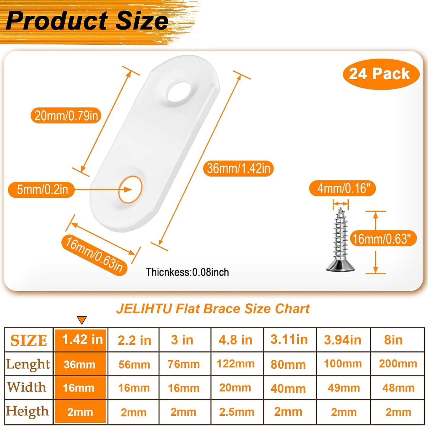 24 Pack White Flat Brackets 1.42” x 0.63” Straight Brace | Stainless Steel Heavy Duty Mending Plate for Wood Furniture, DIY Repair with Screws Included