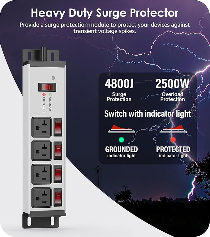 CCCEI Heavy Duty Surge Protector Power Strip 20 Amp Individual Switches. 10FT - Image 2