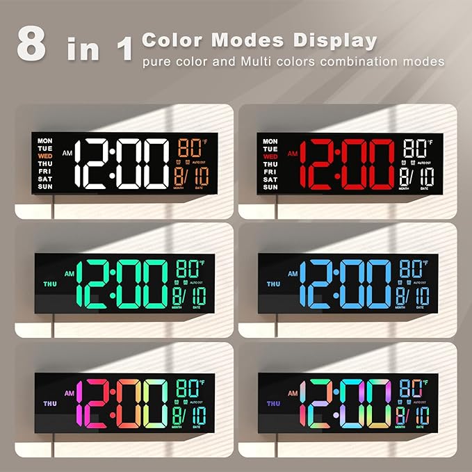 JALL 13" Large Digital Wall Mount Clock, Count Down Timer, Big LED, 8 RGB Color - Image 3