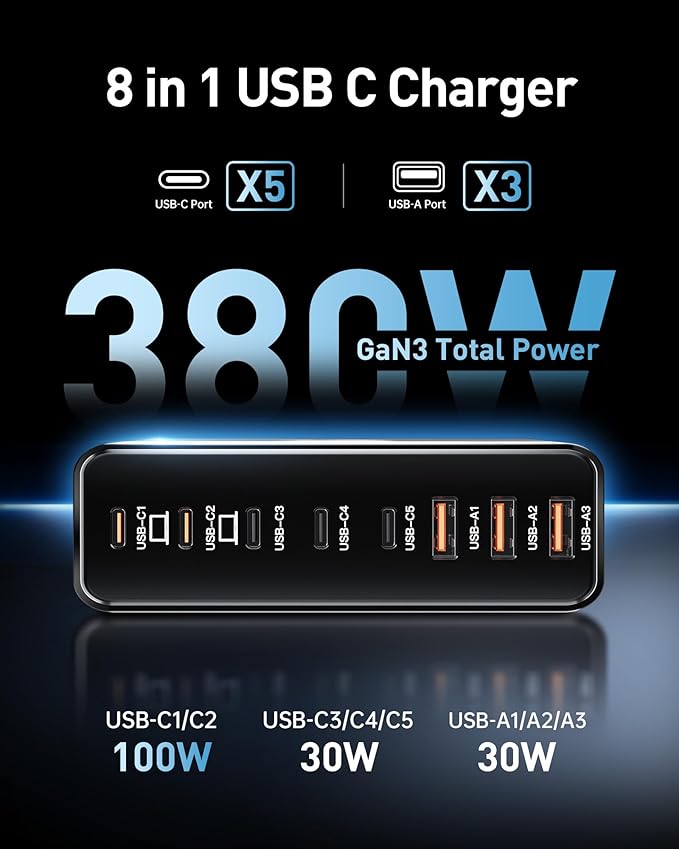 380W USB C Charger Block, with 4 USB Cables 8-Port USB C Charging Station Dual - Image 2