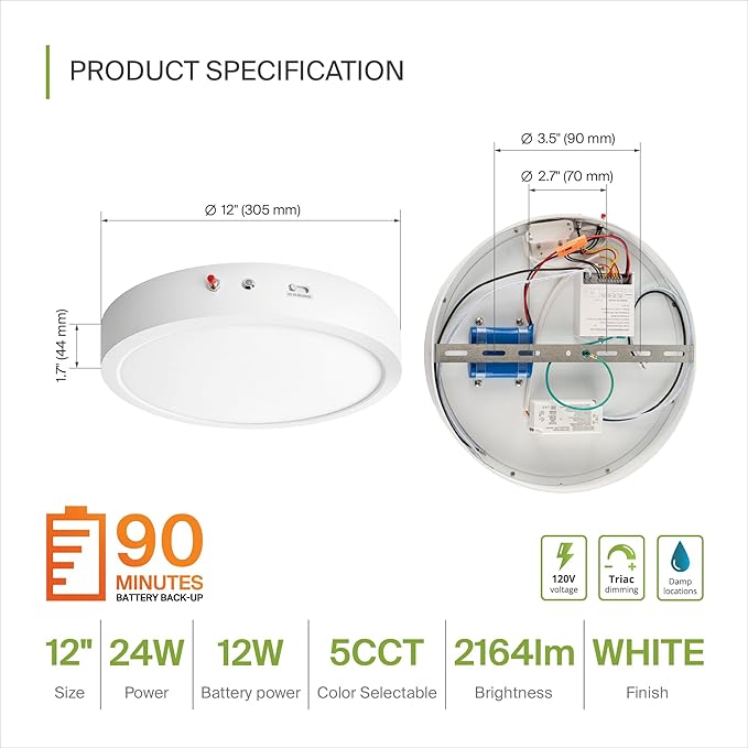 ASD LED 12" Round Flush Mount Ceiling Light Fixture, Low Profile Surface - Image 2