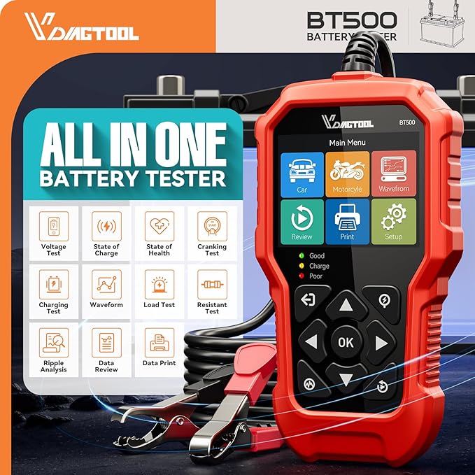 Car Battery Tester 6V 12V 24V VDIAGTOOL BT500, 5-3000 CCA Battery Load Tester - Image 2