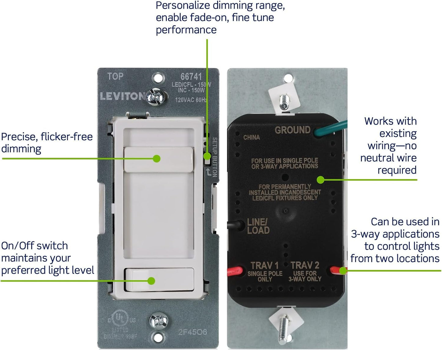 Leviton SureSlide LED Advanced Dimmer Switch for 150W Dimmable LED, Halogen and Incandescent Bulbs and Fixtures, 66741-W, White