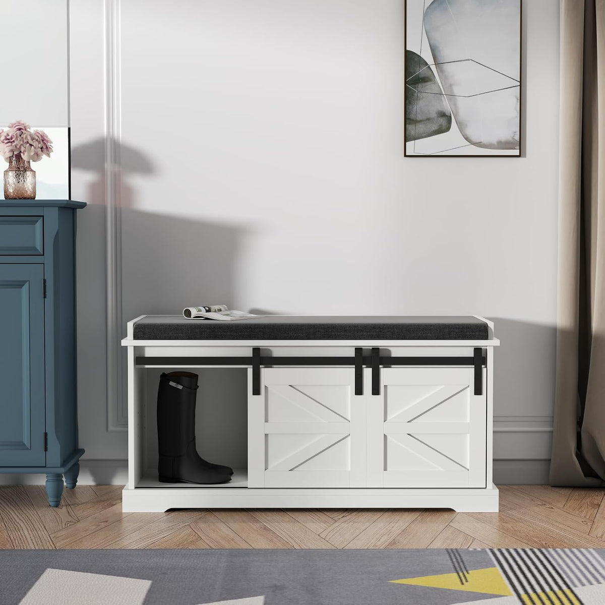 loomie 39" wide white shoe storage bench with, front angle view