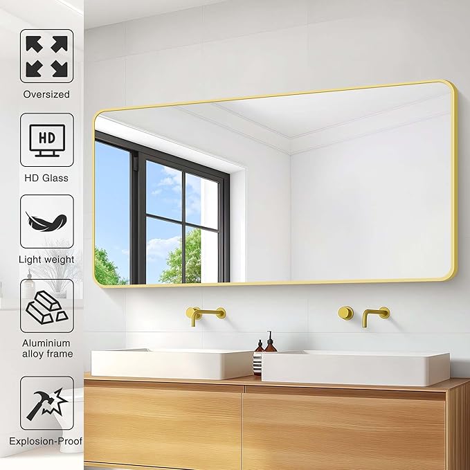 55"x30" Gold Bathroom Mirror, Large Rectangle Mirror, Rectangular Wall Mirror - Image 4