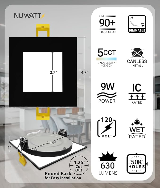 NUWATT 12 Pack 4 Inch Square Ultra-Thin LED Recessed Lighting, Selectable - Image 2