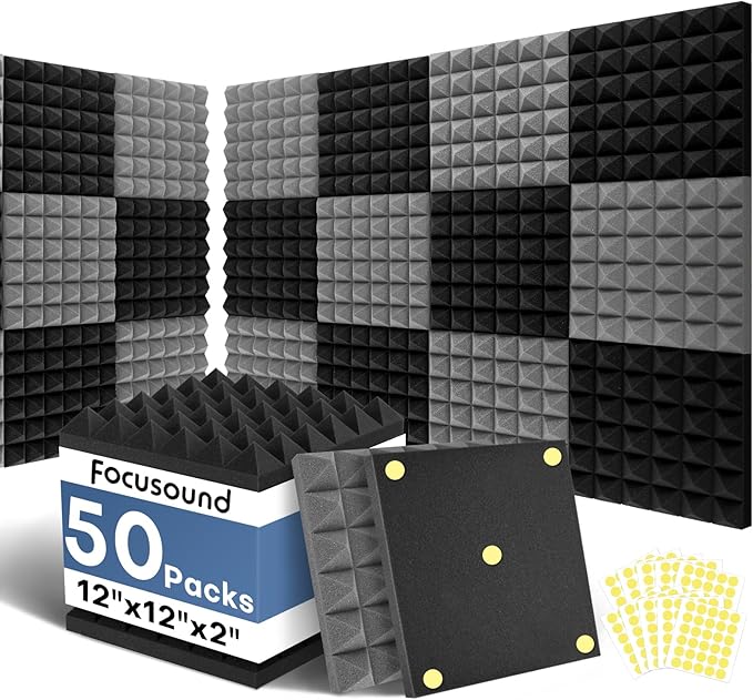 Focusound Black Grey Acoustic Panels 50 Pack 2"x12"x12" by Focusound
