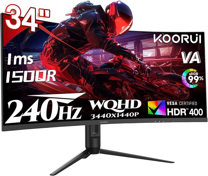 KOORUI 34 Inch 240Hz Ultrawide Curved Gaming Monitor 3440x1440P, 21:9 Display by KOORUI