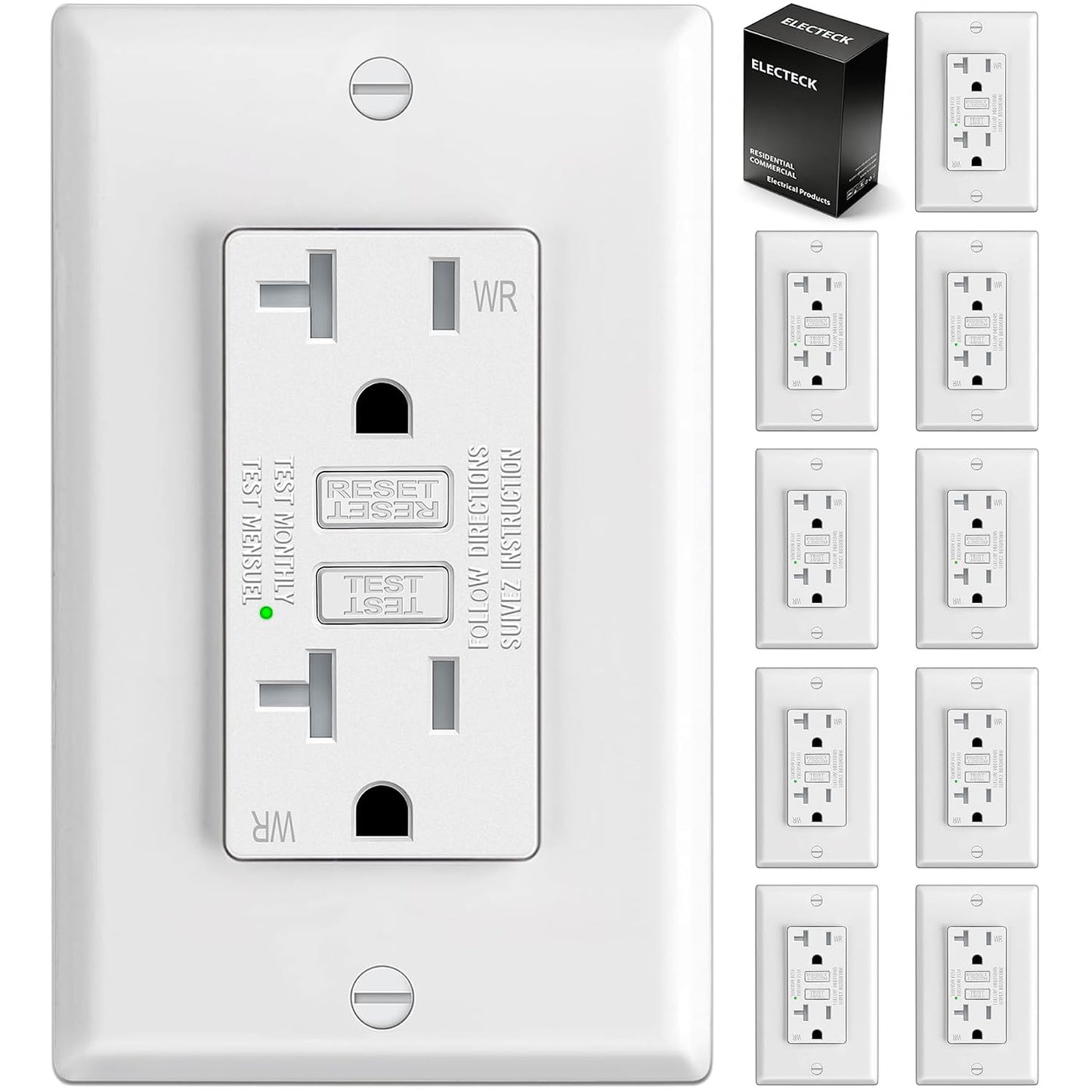 ELECTECK 10 Pack GFCI Outlets 20 Amp, Weather Resistant GFI, ETL Listed | Ultra Slim Design, Outdoor 20A GFI Receptacle With LED Indicator, Ground Fault Circuit Interrupter, Wallplate Included, White