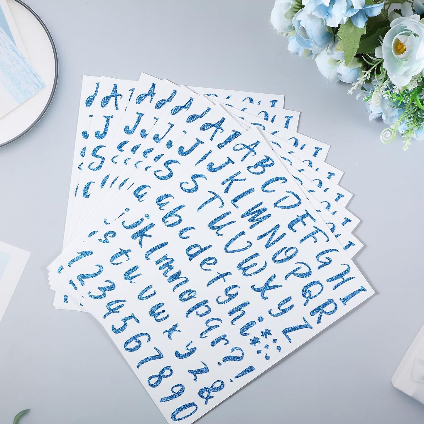 Outus 576 Pcs 8 Sheets Glitter Letters Stickers Vinyl Alphabet Number Decals Back to School Supplies for Water Bottles Cups Mailbox Scrapbooking Bulletin Board Classroom Decor(1 Inch,Sapphire Blue)
