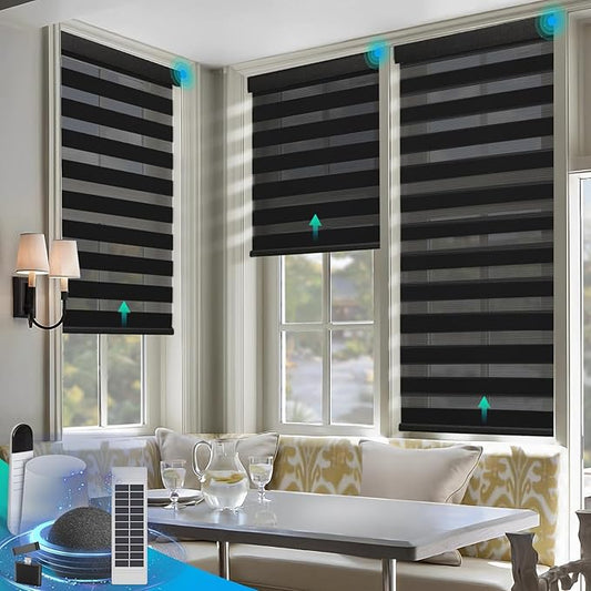Motorized Zebra Blinds, Solar Powered Dual Layer Automatic Shades by DENFOON