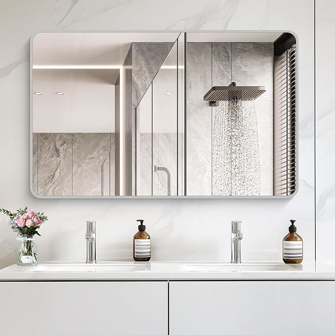 48x30 Inch Silver Bathroom Mirror, Metal Framed Silver Rectangle Mirrors - Image 8