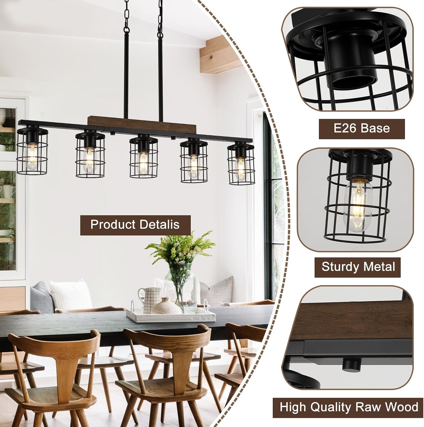 LmnLvn 5-Light Farmhouse Kitchen Light Fixture, Rustic Wood & Metal Cage | Black Hanging Kitchen Chandelier,Adjustable Hanging Height,Ideal Pendant Light over dining table and kitchen island