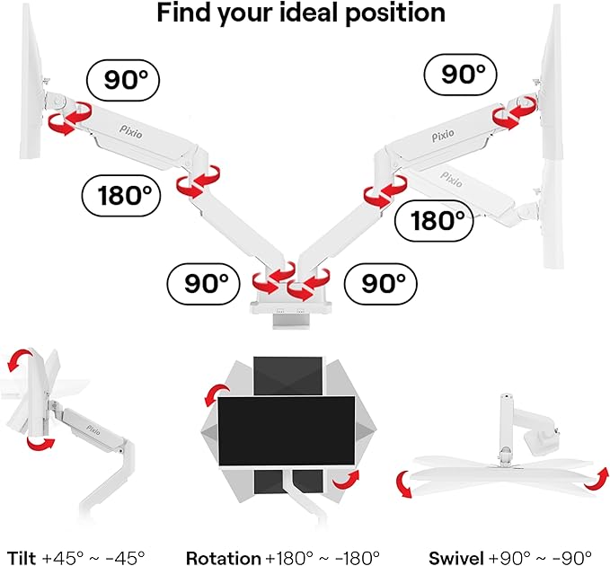 Pixio PS2D White Ultrawide Heavy-Duty Premium Dual Monitor Arm Stand Desk Mount - Image 8