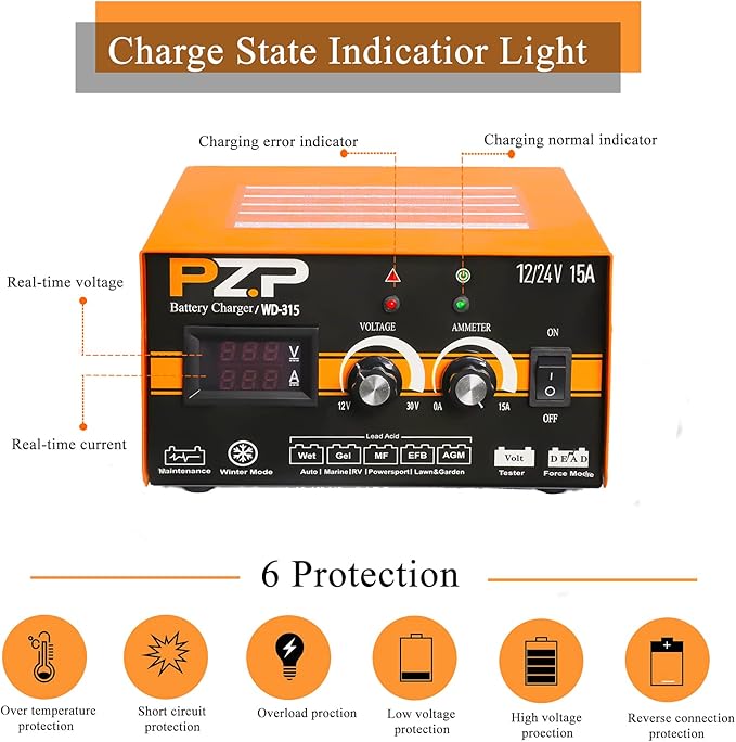 12V 24V Manual Battery Charger Maintainer, 0 to 15A Arbitrarily Adjustable Car - Image 8