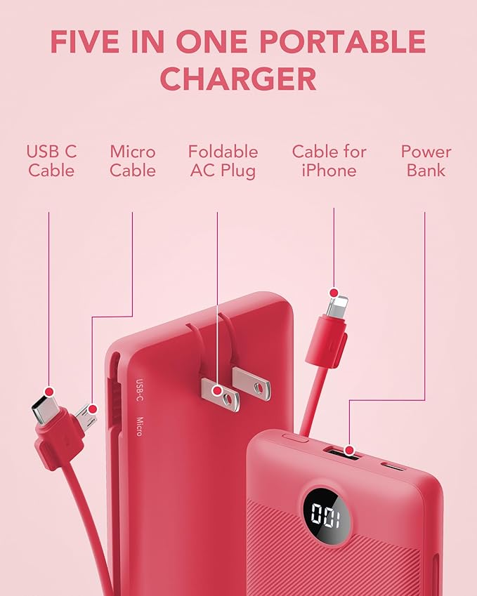 Portable Charger Built-in Cables and AC Wall Plug, VRURC USB C Power Bank - Image 3